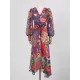 Buttoned Printed Split-Joint High Waisted Long Sleeves V-Neck Midi Dresses Buttoned Printed Split-Joint High Waisted Long Sleeves V-Neck Midi Dresses
