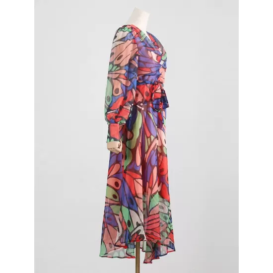 Buttoned Printed Split-Joint High Waisted Long Sleeves V-Neck Midi Dresses Buttoned Printed Split-Joint High Waisted Long Sleeves V-Neck Midi Dresses