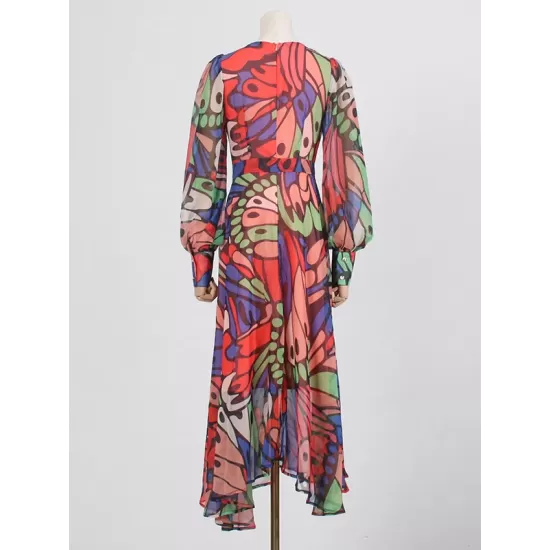 Buttoned Printed Split-Joint High Waisted Long Sleeves V-Neck Midi Dresses Buttoned Printed Split-Joint High Waisted Long Sleeves V-Neck Midi Dresses