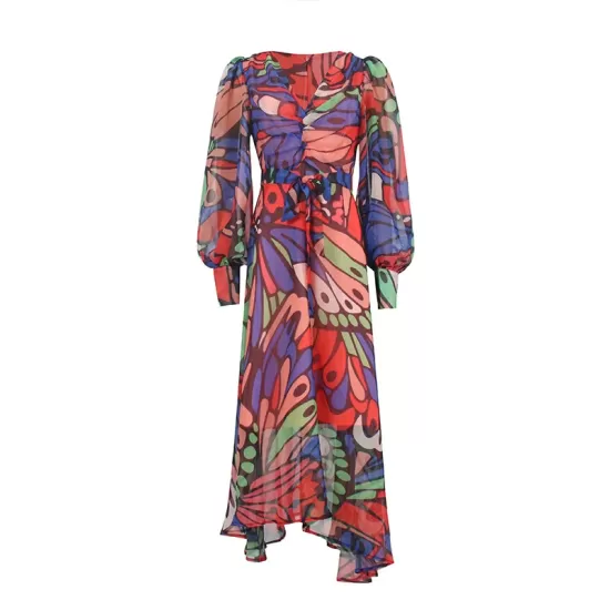 Buttoned Printed Split-Joint High Waisted Long Sleeves V-Neck Midi Dresses Buttoned Printed Split-Joint High Waisted Long Sleeves V-Neck Midi Dresses