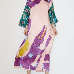 Printed Split-Side A-Line Long Sleeves Round-Neck Maxi Dresses