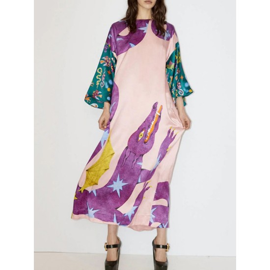 Printed Split-Side A-Line Long Sleeves Round-Neck Maxi Dresses Printed Split-Side A-Line Long Sleeves Round-Neck Maxi Dresses