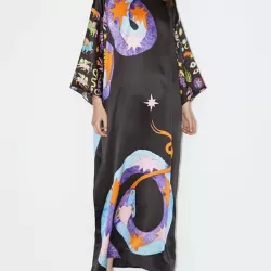Printed Split-Side A-Line Long Sleeves Round-Neck Maxi Dresses