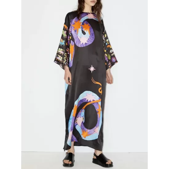 Printed Split-Side A-Line Long Sleeves Round-Neck Maxi Dresses Printed Split-Side A-Line Long Sleeves Round-Neck Maxi Dresses