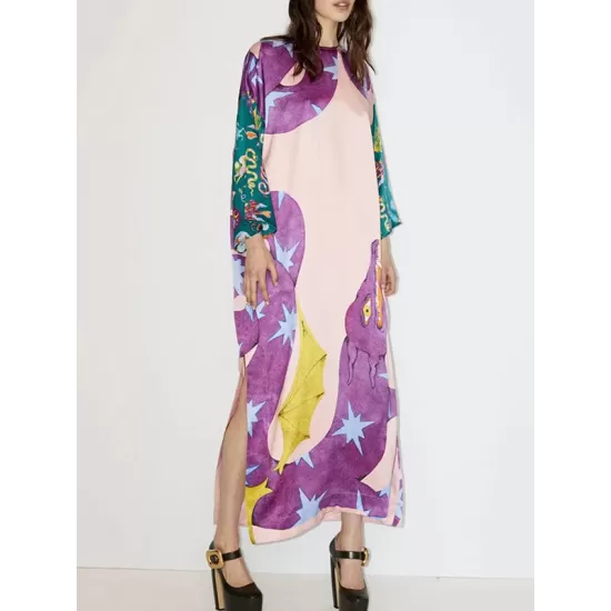 Printed Split-Side A-Line Long Sleeves Round-Neck Maxi Dresses Printed Split-Side A-Line Long Sleeves Round-Neck Maxi Dresses