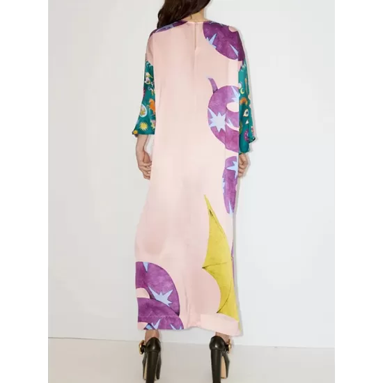 Printed Split-Side A-Line Long Sleeves Round-Neck Maxi Dresses Printed Split-Side A-Line Long Sleeves Round-Neck Maxi Dresses