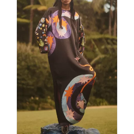 Printed Split-Side A-Line Long Sleeves Round-Neck Maxi Dresses Printed Split-Side A-Line Long Sleeves Round-Neck Maxi Dresses