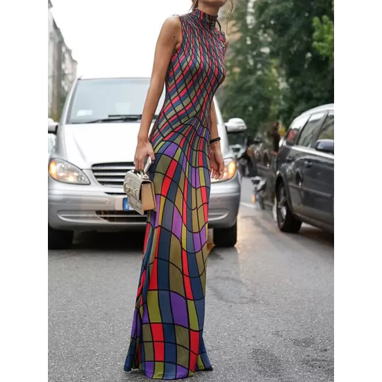 Skinny Sleeveless Contrast Color Plaid Printed High Neck Maxi Dresses Skinny Sleeveless Contrast Color Plaid Printed High Neck Maxi Dresses