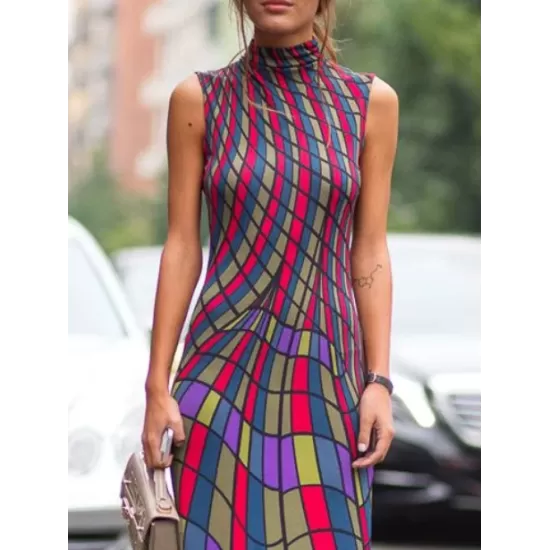 Skinny Sleeveless Contrast Color Plaid Printed High Neck Maxi Dresses Skinny Sleeveless Contrast Color Plaid Printed High Neck Maxi Dresses