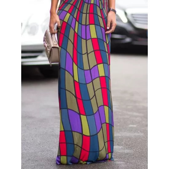 Skinny Sleeveless Contrast Color Plaid Printed High Neck Maxi Dresses Skinny Sleeveless Contrast Color Plaid Printed High Neck Maxi Dresses