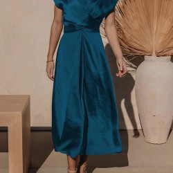Solid Color Split-Joint Tied Waist Loose Short Sleeves Round-neck Midi Dresses
