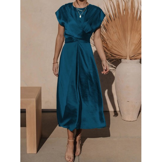 Solid Color Split-Joint Tied Waist Loose Short Sleeves Round-neck Midi Dresses Solid Color Split-Joint Tied Waist Loose Short Sleeves Round-neck Midi Dresses