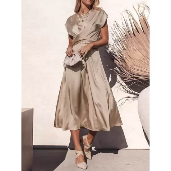 Solid Color Split-Joint Tied Waist Loose Short Sleeves Round-neck Midi Dresses Solid Color Split-Joint Tied Waist Loose Short Sleeves Round-neck Midi Dresses