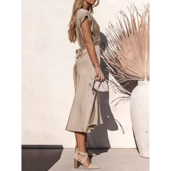 Solid Color Split-Joint Tied Waist Loose Short Sleeves Round-neck Midi Dresses Solid Color Split-Joint Tied Waist Loose Short Sleeves Round-neck Midi Dresses