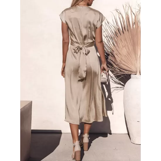 Solid Color Split-Joint Tied Waist Loose Short Sleeves Round-neck Midi Dresses Solid Color Split-Joint Tied Waist Loose Short Sleeves Round-neck Midi Dresses