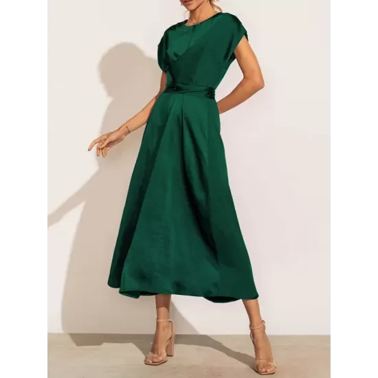 Solid Color Split-Joint Tied Waist Loose Short Sleeves Round-neck Midi Dresses Solid Color Split-Joint Tied Waist Loose Short Sleeves Round-neck Midi Dresses