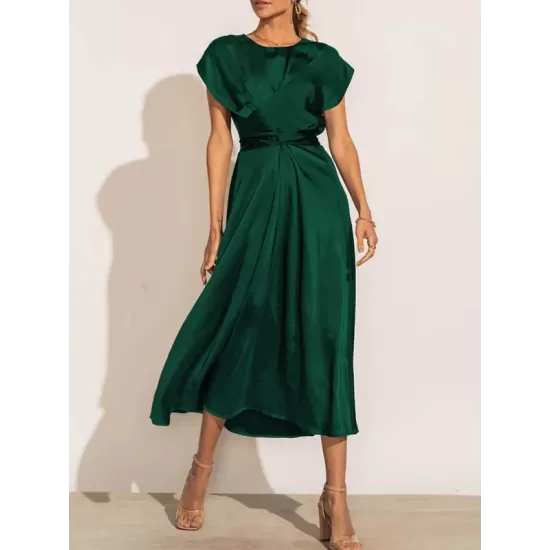 Solid Color Split-Joint Tied Waist Loose Short Sleeves Round-neck Midi Dresses Solid Color Split-Joint Tied Waist Loose Short Sleeves Round-neck Midi Dresses
