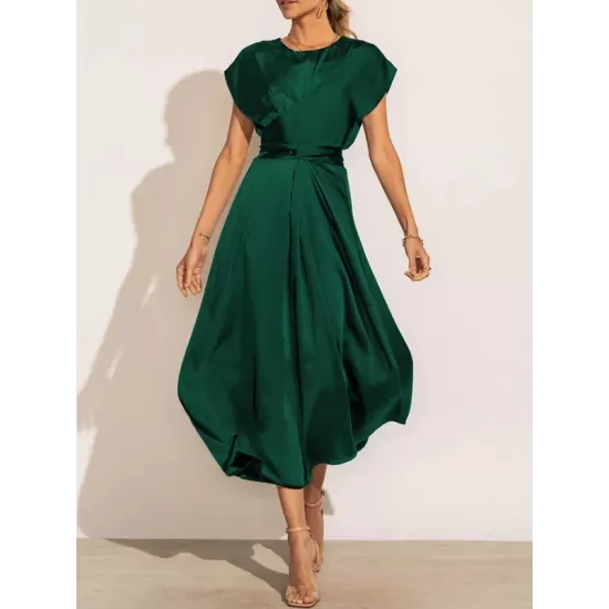 Solid Color Split-Joint Tied Waist Loose Short Sleeves Round-neck Midi Dresses Solid Color Split-Joint Tied Waist Loose Short Sleeves Round-neck Midi Dresses
