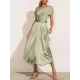Solid Color Split-Joint Tied Waist Loose Short Sleeves Round-neck Midi Dresses Solid Color Split-Joint Tied Waist Loose Short Sleeves Round-neck Midi Dresses