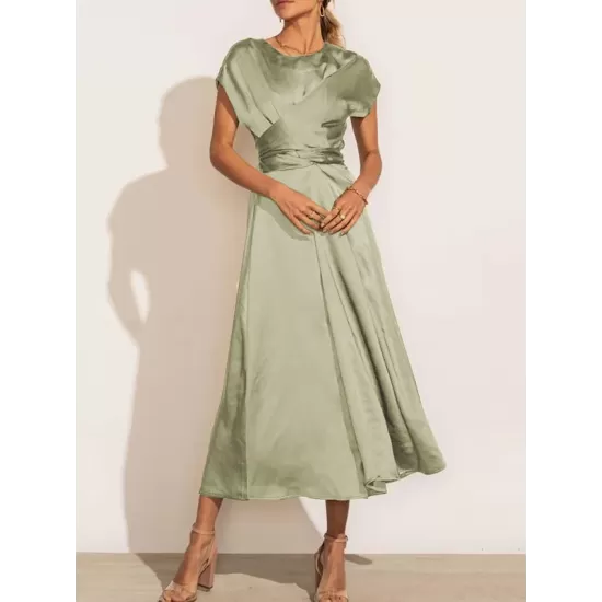 Solid Color Split-Joint Tied Waist Loose Short Sleeves Round-neck Midi Dresses Solid Color Split-Joint Tied Waist Loose Short Sleeves Round-neck Midi Dresses
