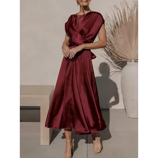 Solid Color Split-Joint Tied Waist Loose Short Sleeves Round-neck Midi Dresses Solid Color Split-Joint Tied Waist Loose Short Sleeves Round-neck Midi Dresses