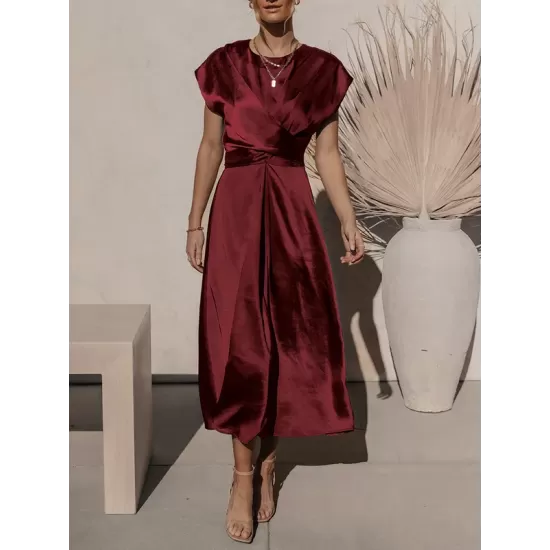 Solid Color Split-Joint Tied Waist Loose Short Sleeves Round-neck Midi Dresses Solid Color Split-Joint Tied Waist Loose Short Sleeves Round-neck Midi Dresses