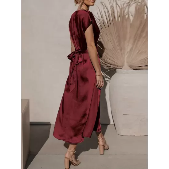Solid Color Split-Joint Tied Waist Loose Short Sleeves Round-neck Midi Dresses Solid Color Split-Joint Tied Waist Loose Short Sleeves Round-neck Midi Dresses