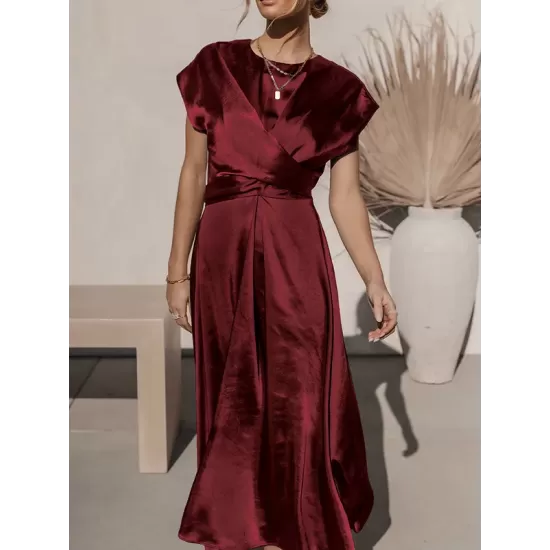 Solid Color Split-Joint Tied Waist Loose Short Sleeves Round-neck Midi Dresses Solid Color Split-Joint Tied Waist Loose Short Sleeves Round-neck Midi Dresses