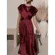 Solid Color Split-Joint Tied Waist Loose Short Sleeves Round-neck Midi Dresses Solid Color Split-Joint Tied Waist Loose Short Sleeves Round-neck Midi Dresses