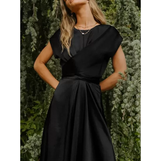 Solid Color Split-Joint Tied Waist Loose Short Sleeves Round-neck Midi Dresses Solid Color Split-Joint Tied Waist Loose Short Sleeves Round-neck Midi Dresses