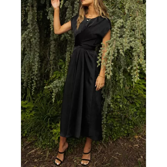 Solid Color Split-Joint Tied Waist Loose Short Sleeves Round-neck Midi Dresses Solid Color Split-Joint Tied Waist Loose Short Sleeves Round-neck Midi Dresses