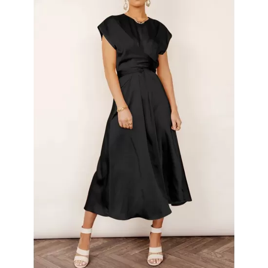 Solid Color Split-Joint Tied Waist Loose Short Sleeves Round-neck Midi Dresses Solid Color Split-Joint Tied Waist Loose Short Sleeves Round-neck Midi Dresses