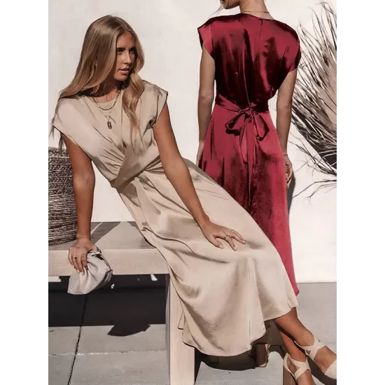 Solid Color Split-Joint Tied Waist Loose Short Sleeves Round-neck Midi Dresses Solid Color Split-Joint Tied Waist Loose Short Sleeves Round-neck Midi Dresses