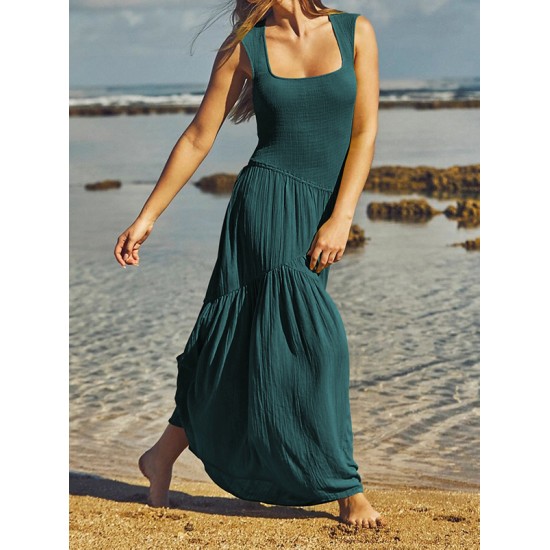 Backless Elasticity Lace-Up Pleated Solid Color Split-Joint Loose Sleeveless Square-Neck Maxi Dresses Backless Elasticity Lace-Up Pleated Solid Color Split-Joint Loose Sleeveless Square-Neck Maxi Dresses