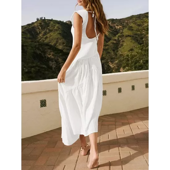Backless Elasticity Lace-Up Pleated Solid Color Split-Joint Loose Sleeveless Square-Neck Maxi Dresses Backless Elasticity Lace-Up Pleated Solid Color Split-Joint Loose Sleeveless Square-Neck Maxi Dresses