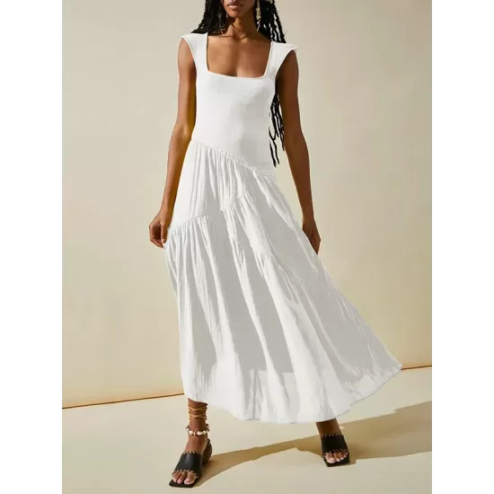 Backless Elasticity Lace-Up Pleated Solid Color Split-Joint Loose Sleeveless Square-Neck Maxi Dresses Backless Elasticity Lace-Up Pleated Solid Color Split-Joint Loose Sleeveless Square-Neck Maxi Dresses