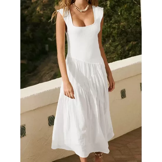 Backless Elasticity Lace-Up Pleated Solid Color Split-Joint Loose Sleeveless Square-Neck Maxi Dresses Backless Elasticity Lace-Up Pleated Solid Color Split-Joint Loose Sleeveless Square-Neck Maxi Dresses