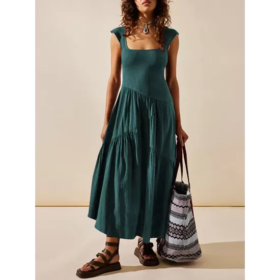 Backless Elasticity Lace-Up Pleated Solid Color Split-Joint Loose Sleeveless Square-Neck Maxi Dresses Backless Elasticity Lace-Up Pleated Solid Color Split-Joint Loose Sleeveless Square-Neck Maxi Dresses