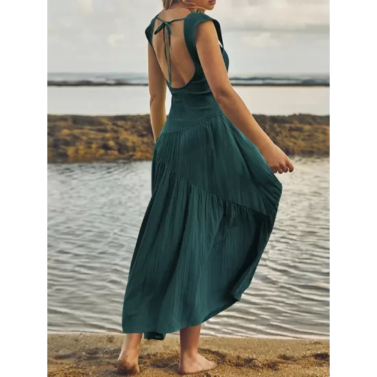 Backless Elasticity Lace-Up Pleated Solid Color Split-Joint Loose Sleeveless Square-Neck Maxi Dresses Backless Elasticity Lace-Up Pleated Solid Color Split-Joint Loose Sleeveless Square-Neck Maxi Dresses