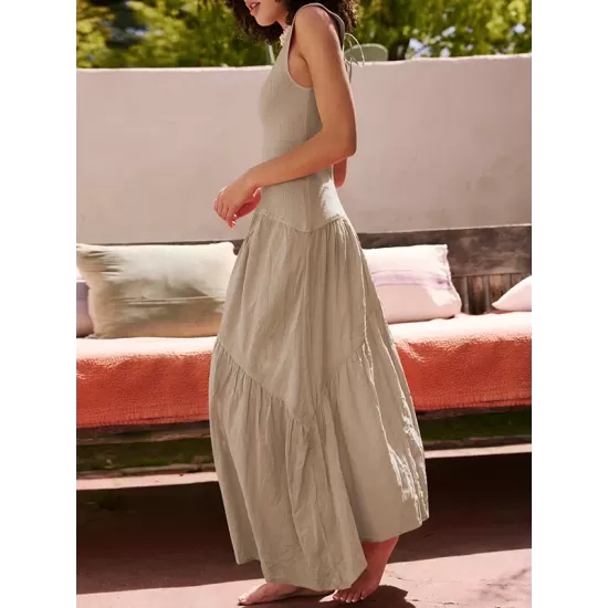 Backless Elasticity Lace-Up Pleated Solid Color Split-Joint Loose Sleeveless Square-Neck Maxi Dresses Backless Elasticity Lace-Up Pleated Solid Color Split-Joint Loose Sleeveless Square-Neck Maxi Dresses