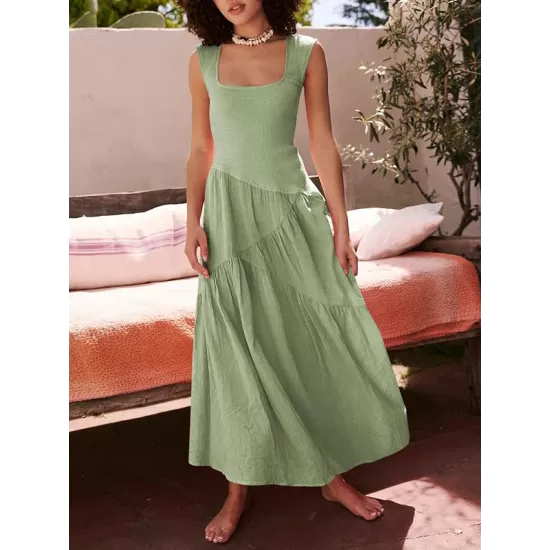 Backless Elasticity Lace-Up Pleated Solid Color Split-Joint Loose Sleeveless Square-Neck Maxi Dresses Backless Elasticity Lace-Up Pleated Solid Color Split-Joint Loose Sleeveless Square-Neck Maxi Dresses