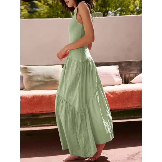 Backless Elasticity Lace-Up Pleated Solid Color Split-Joint Loose Sleeveless Square-Neck Maxi Dresses Backless Elasticity Lace-Up Pleated Solid Color Split-Joint Loose Sleeveless Square-Neck Maxi Dresses