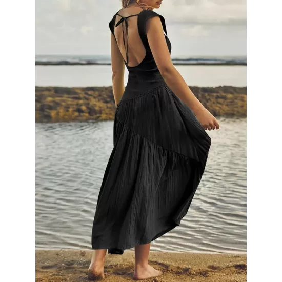 Backless Elasticity Lace-Up Pleated Solid Color Split-Joint Loose Sleeveless Square-Neck Maxi Dresses Backless Elasticity Lace-Up Pleated Solid Color Split-Joint Loose Sleeveless Square-Neck Maxi Dresses