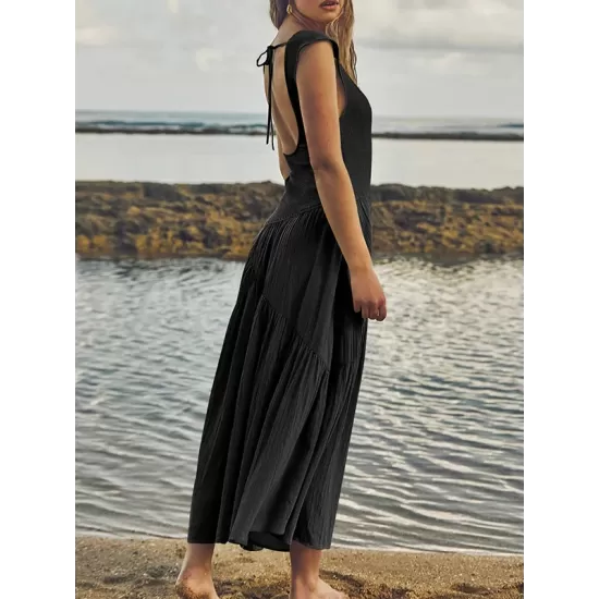 Backless Elasticity Lace-Up Pleated Solid Color Split-Joint Loose Sleeveless Square-Neck Maxi Dresses Backless Elasticity Lace-Up Pleated Solid Color Split-Joint Loose Sleeveless Square-Neck Maxi Dresses
