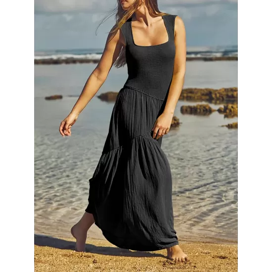 Backless Elasticity Lace-Up Pleated Solid Color Split-Joint Loose Sleeveless Square-Neck Maxi Dresses Backless Elasticity Lace-Up Pleated Solid Color Split-Joint Loose Sleeveless Square-Neck Maxi Dresses