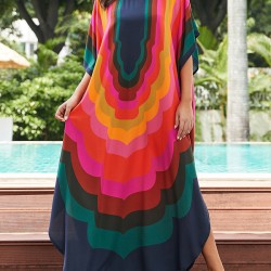 Contrast Color Printed Sun Protection Batwing Sleeves Loose Round-Neck Maxi Dresses