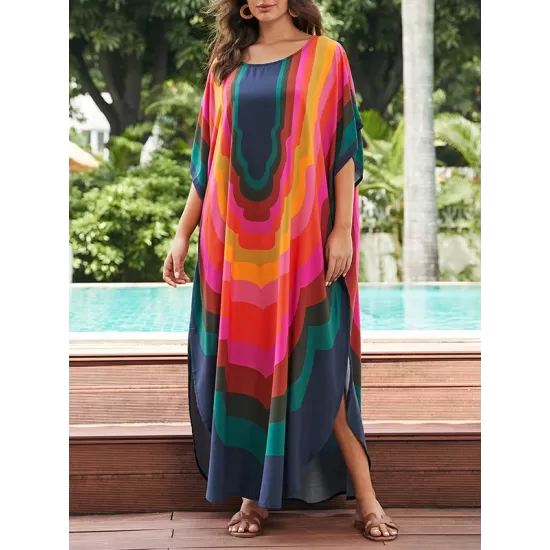 Contrast Color Printed Sun Protection Batwing Sleeves Loose Round-Neck Maxi Dresses Contrast Color Printed Sun Protection Batwing Sleeves Loose Round-Neck Maxi Dresses