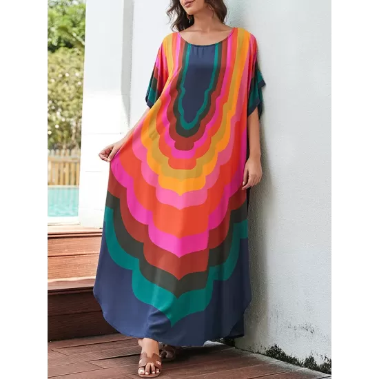 Contrast Color Printed Sun Protection Batwing Sleeves Loose Round-Neck Maxi Dresses Contrast Color Printed Sun Protection Batwing Sleeves Loose Round-Neck Maxi Dresses