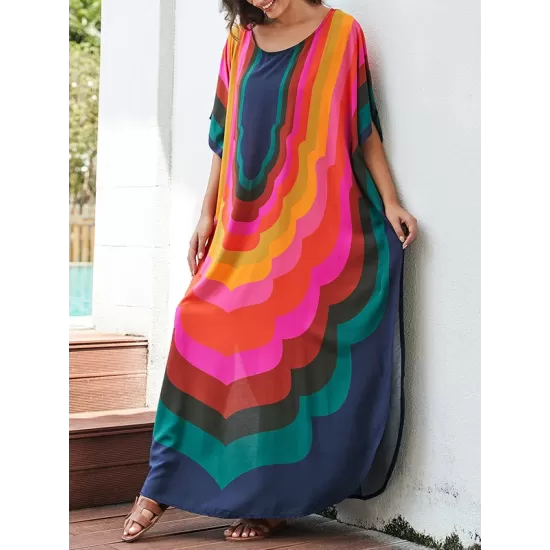 Contrast Color Printed Sun Protection Batwing Sleeves Loose Round-Neck Maxi Dresses Contrast Color Printed Sun Protection Batwing Sleeves Loose Round-Neck Maxi Dresses