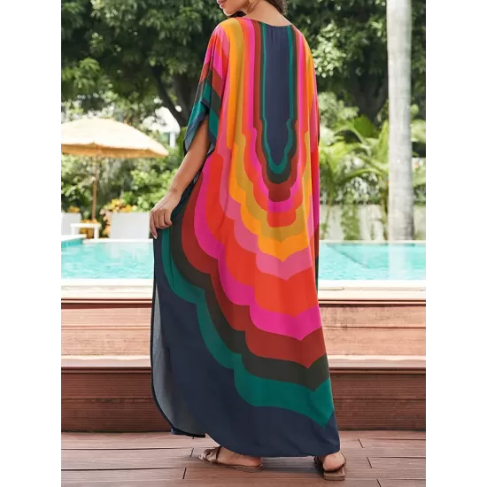 Contrast Color Printed Sun Protection Batwing Sleeves Loose Round-Neck Maxi Dresses Contrast Color Printed Sun Protection Batwing Sleeves Loose Round-Neck Maxi Dresses